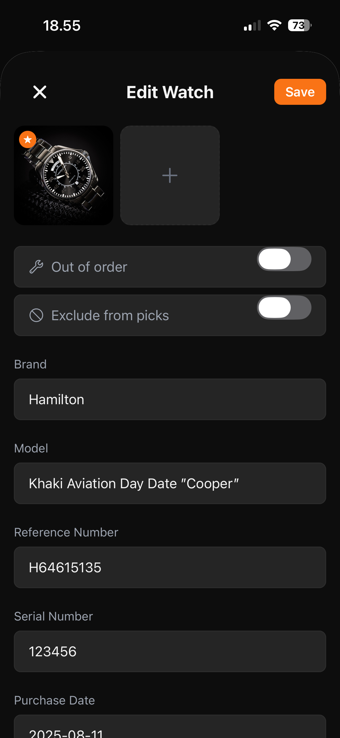 Edit Watch form with photo, brand, model, reference and purchase details
