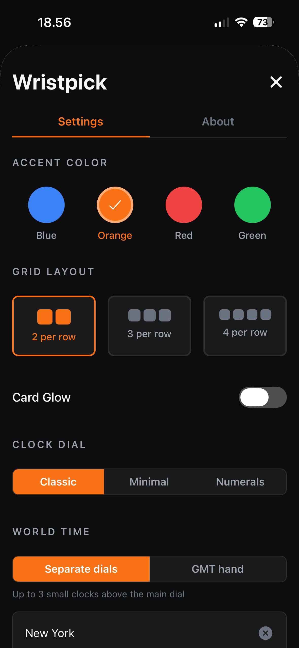 Settings screen with accent color, grid layout, card glow, clock dial and world time options