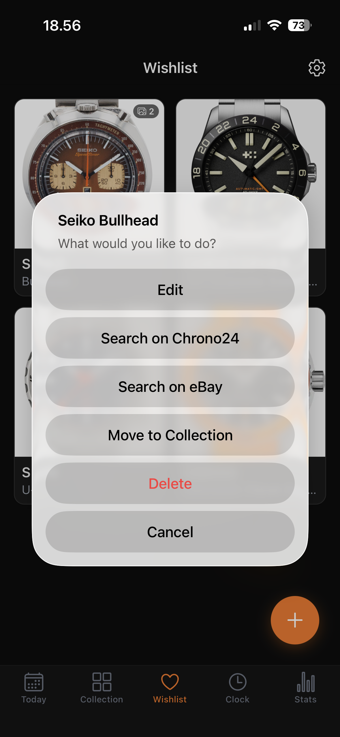 Wishlist action menu with edit, search on Chrono24 and eBay, and move to collection options