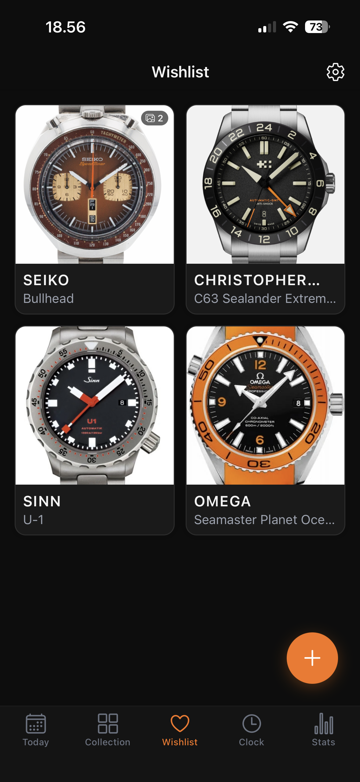 Wishlist screen showing desired watches in a grid view